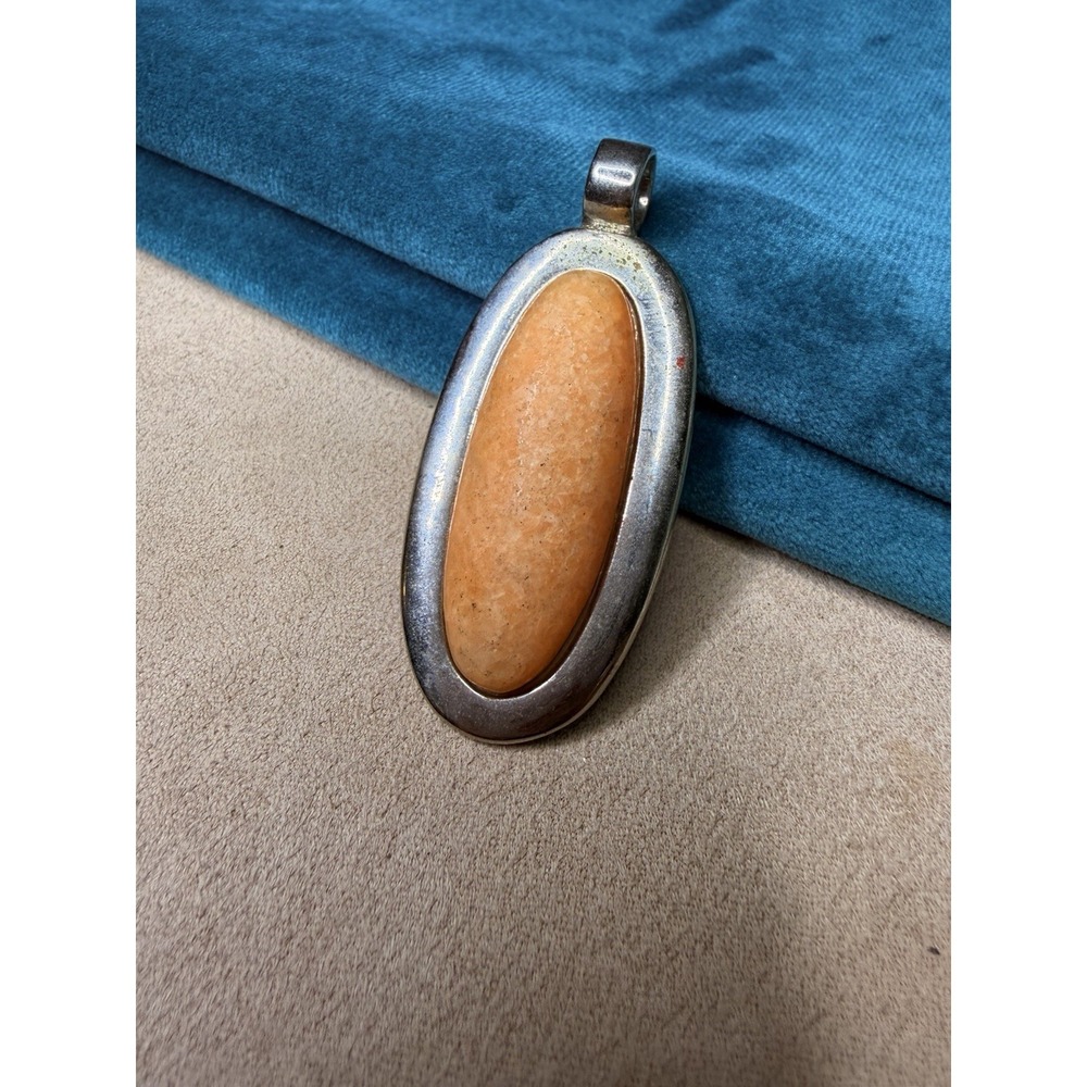 Vintage Roman Signed Silver Tone Oval Peach Orange Cabochon Pendant